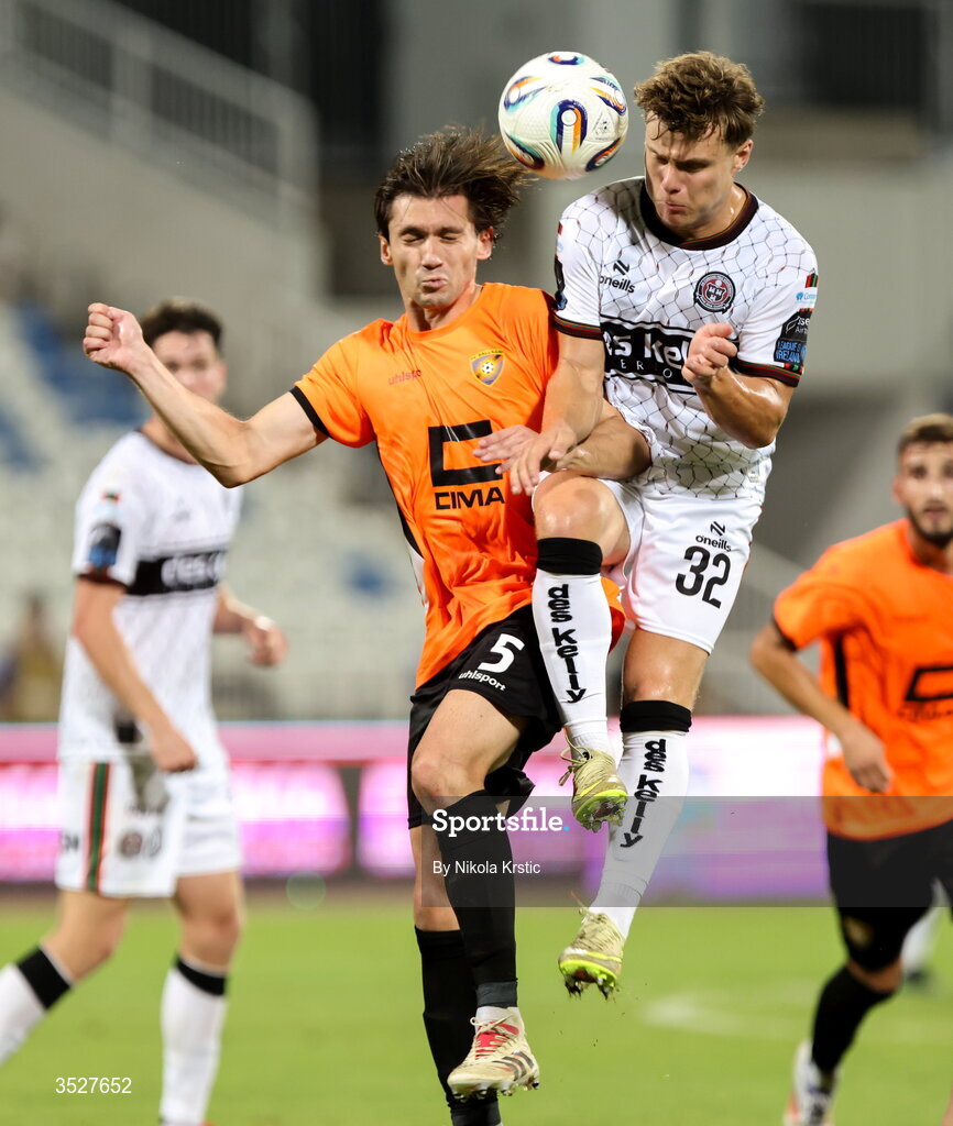 30 July 2026; Markuss Strods of Bohemians in action against Anel Šabanadžovic of Ballkani during the UEFA Conference League Second Qualifying Round second leg match between Ballkani and Bohemians at Fadil Vokrri Stadium in Pristina, Kosovo. Photo by Nikola Krstic/Sportsfile