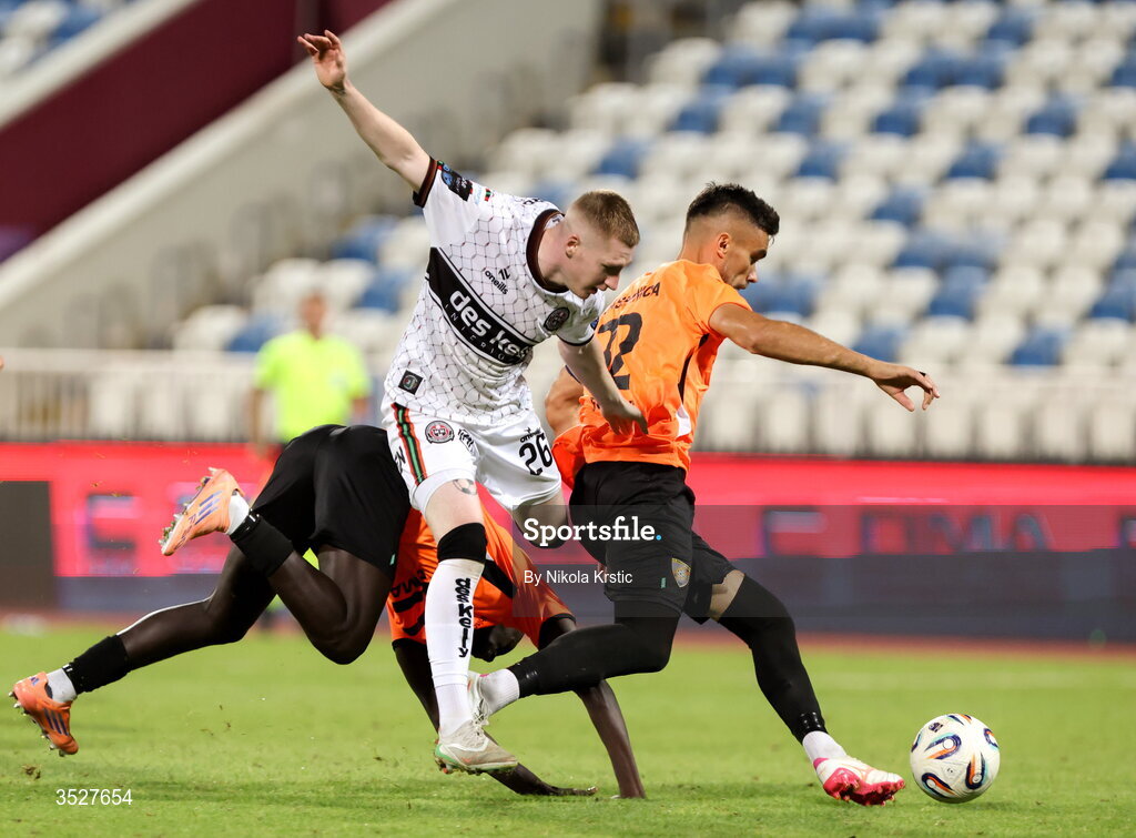 30 July 2026; Ross Tierney of Bohemians in action against Elvis Letaj of Ballkani during the UEFA Conference League Second Qualifying Round second leg match between Ballkani and Bohemians at Fadil Vokrri Stadium in Pristina, Kosovo. Photo by Nikola Krstic/Sportsfile