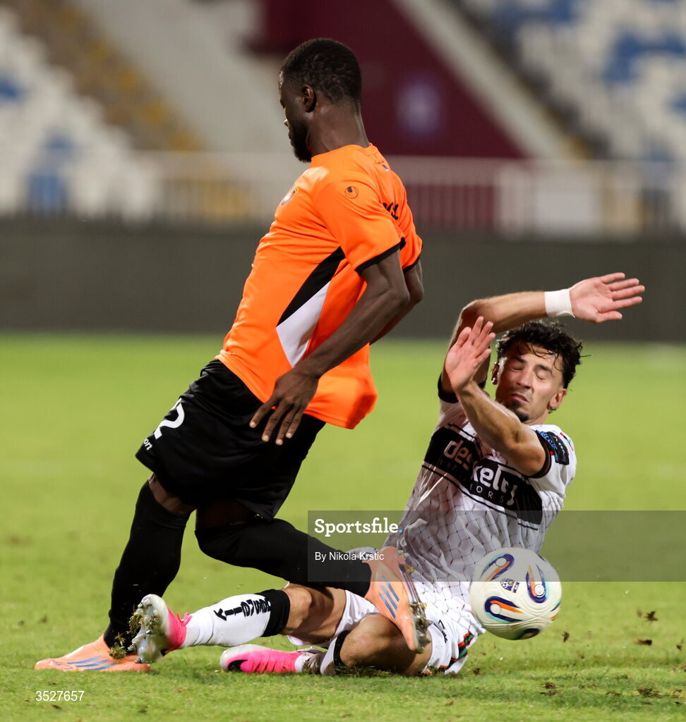 30 July 2026; Connor Parsons of Bohemians in action against Albert Diène of Ballkani during the UEFA Conference League Second Qualifying Round second leg match between Ballkani and Bohemians at Fadil Vokrri Stadium in Pristina, Kosovo. Photo by Nikola Krstic/Sportsfile