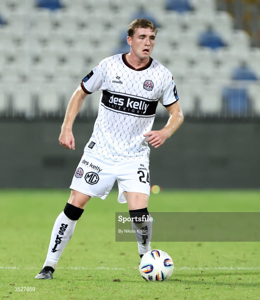 30 July 2026; Cian Byrne of Bohemians during the UEFA Conference League Second Qualifying Round second leg match between Ballkani and Bohemians at Fadil Vokrri Stadium in Pristina, Kosovo. Photo by Nikola Krstic/Sportsfile