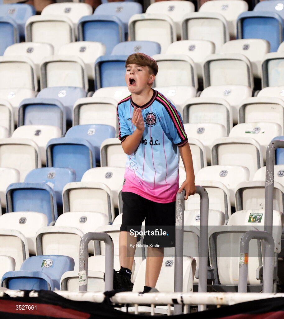 30 July 2026; A Bohemians supporter during the UEFA Conference League Second Qualifying Round second leg match between Ballkani and Bohemians at Fadil Vokrri Stadium in Pristina, Kosovo. Photo by Nikola Krstic/Sportsfile
