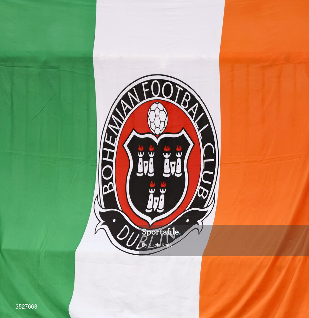 30 July 2026; A Bohemians flag during the UEFA Conference League Second Qualifying Round second leg match between Ballkani and Bohemians at Fadil Vokrri Stadium in Pristina, Kosovo. Photo by Nikola Krstic/Sportsfile