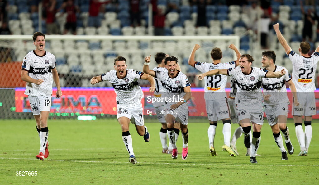30 July 2026; Bohemians players celebrate as Jordan Flores, not pictured, scores their winning penalty in the shoot-out during the UEFA Conference League Second Qualifying Round second leg match between Ballkani and Bohemians at Fadil Vokrri Stadium in Pristina, Kosovo. Photo by Nikola Krstic/Sportsfile