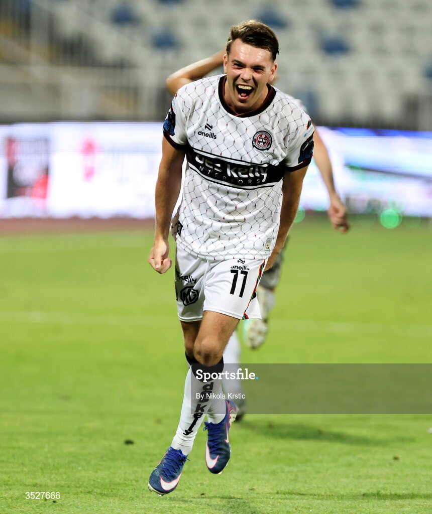 30 July 2026; Dayle Rooney of Bohemians celebrates after the shoot out after the UEFA Conference League Second Qualifying Round second leg match between Ballkani and Bohemians at Fadil Vokrri Stadium in Pristina, Kosovo. Photo by Nikola Krstic/Sportsfile