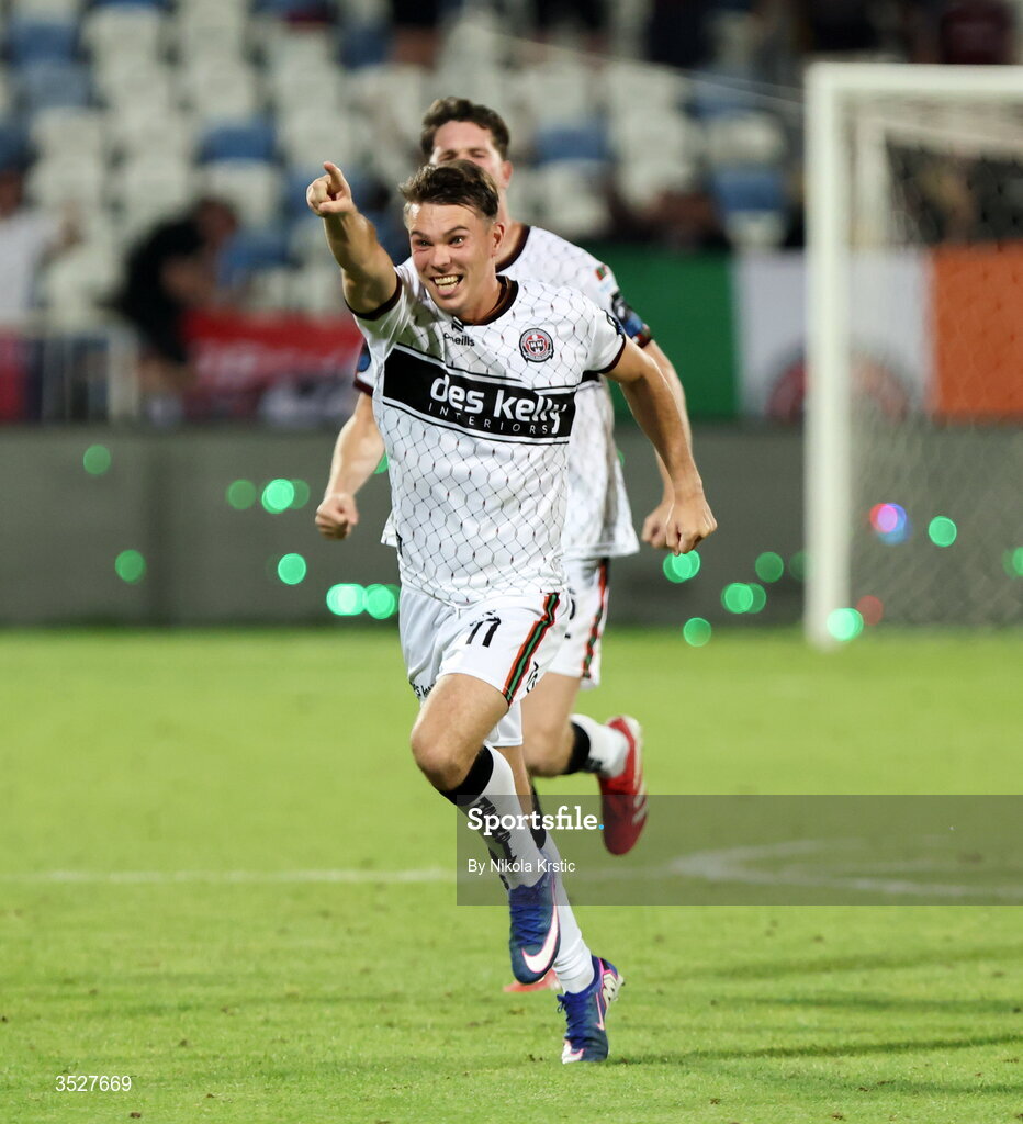 30 July 2026; Dayle Rooney of Bohemians celebrates after the shoot out after the UEFA Conference League Second Qualifying Round second leg match between Ballkani and Bohemians at Fadil Vokrri Stadium in Pristina, Kosovo. Photo by Nikola Krstic/Sportsfile