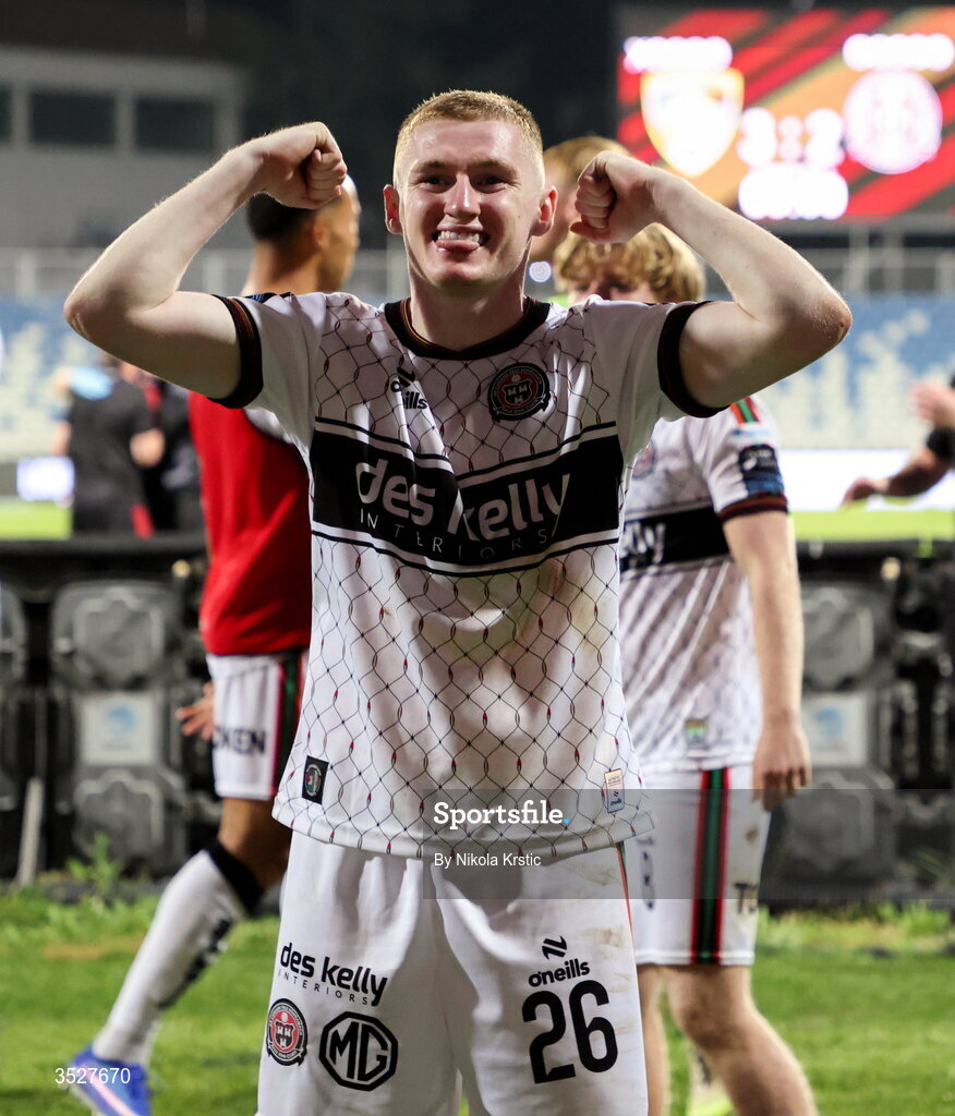 30 July 2026; Ross Tierney of Bohemians celebrates after the UEFA Conference League Second Qualifying Round second leg match between Ballkani and Bohemians at Fadil Vokrri Stadium in Pristina, Kosovo. Photo by Nikola Krstic/Sportsfile