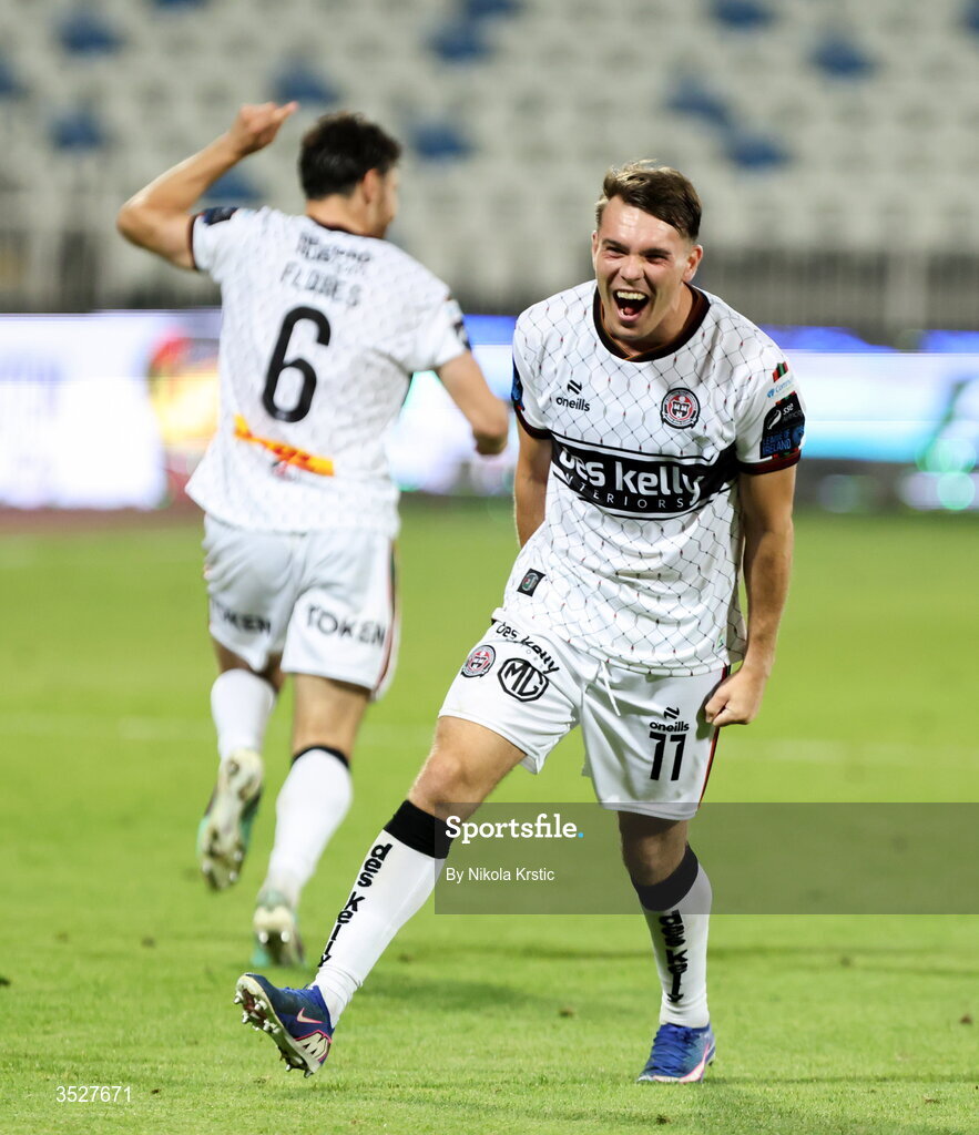 30 July 2026; Dayle Rooney of Bohemians celebrates after the shoot out after the UEFA Conference League Second Qualifying Round second leg match between Ballkani and Bohemians at Fadil Vokrri Stadium in Pristina, Kosovo. Photo by Nikola Krstic/Sportsfile