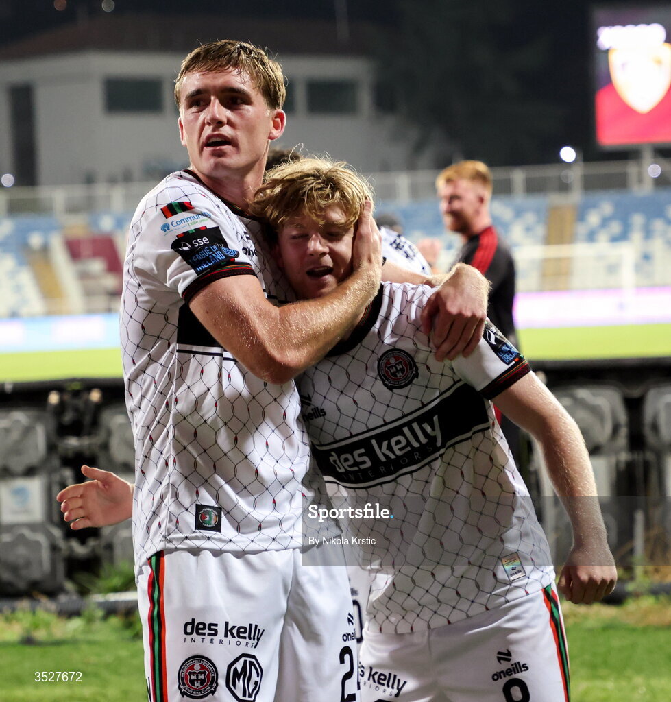 30 July 2026; Cian Byrne, left, and Harry Vaughan of Bohemians celebrate after the UEFA Conference League Second Qualifying Round second leg match between Ballkani and Bohemians at Fadil Vokrri Stadium in Pristina, Kosovo. Photo by Nikola Krstic/Sportsfile