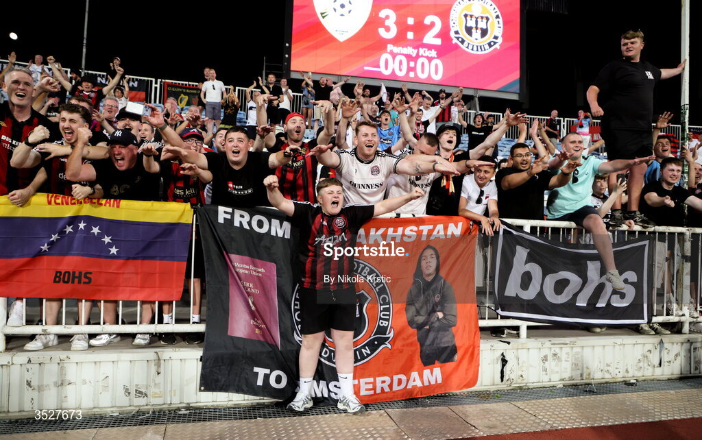 30 July 2026; Bohemians supporters celebrate after the UEFA Conference League Second Qualifying Round second leg match between Ballkani and Bohemians at Fadil Vokrri Stadium in Pristina, Kosovo. Photo by Nikola Krstic/Sportsfile
