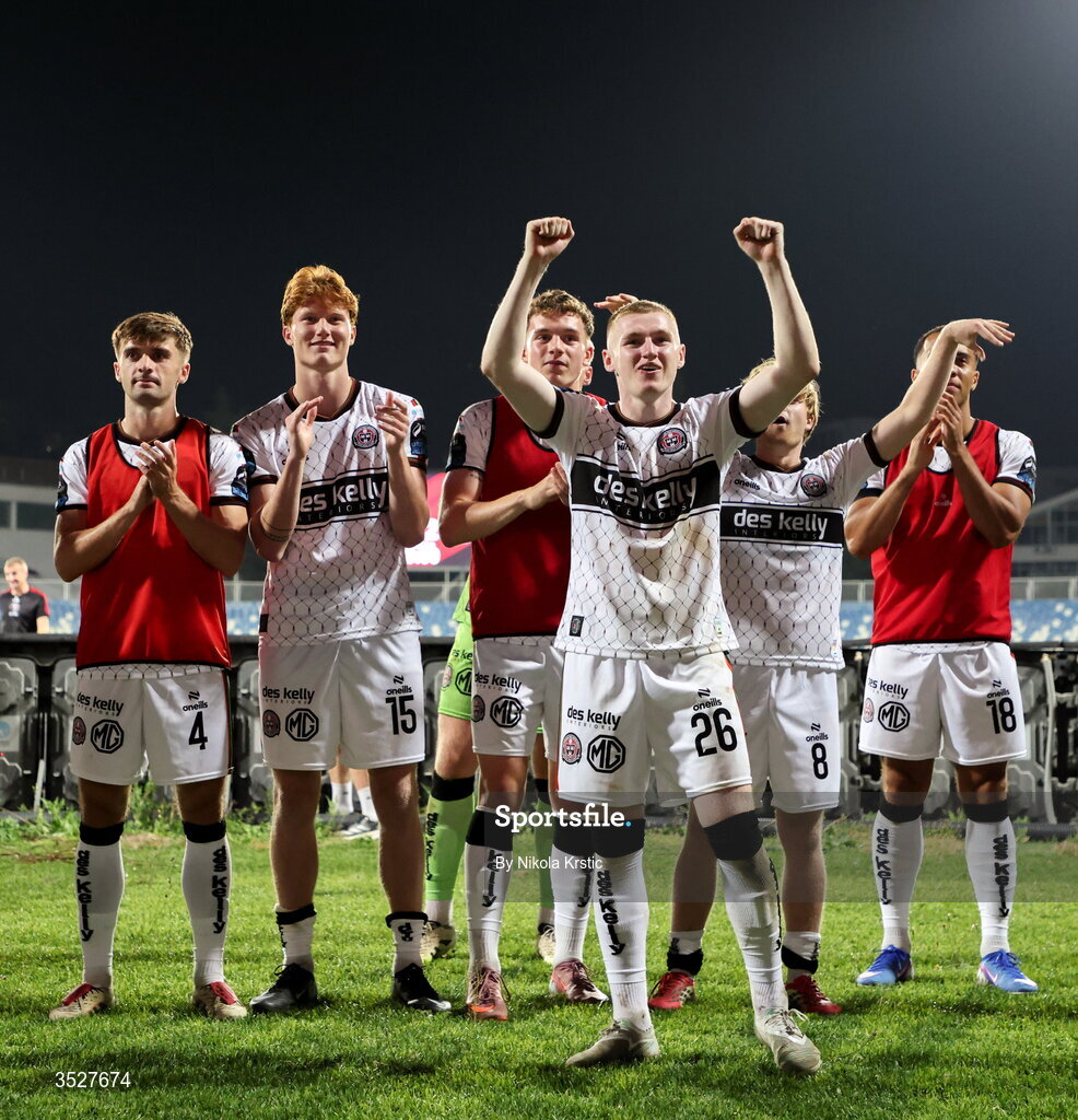 30 July 2026; Bohemians players, including Ross Tierney, 26, celebrate after the UEFA Conference League Second Qualifying Round second leg match between Ballkani and Bohemians at Fadil Vokrri Stadium in Pristina, Kosovo. Photo by Nikola Krstic/Sportsfile