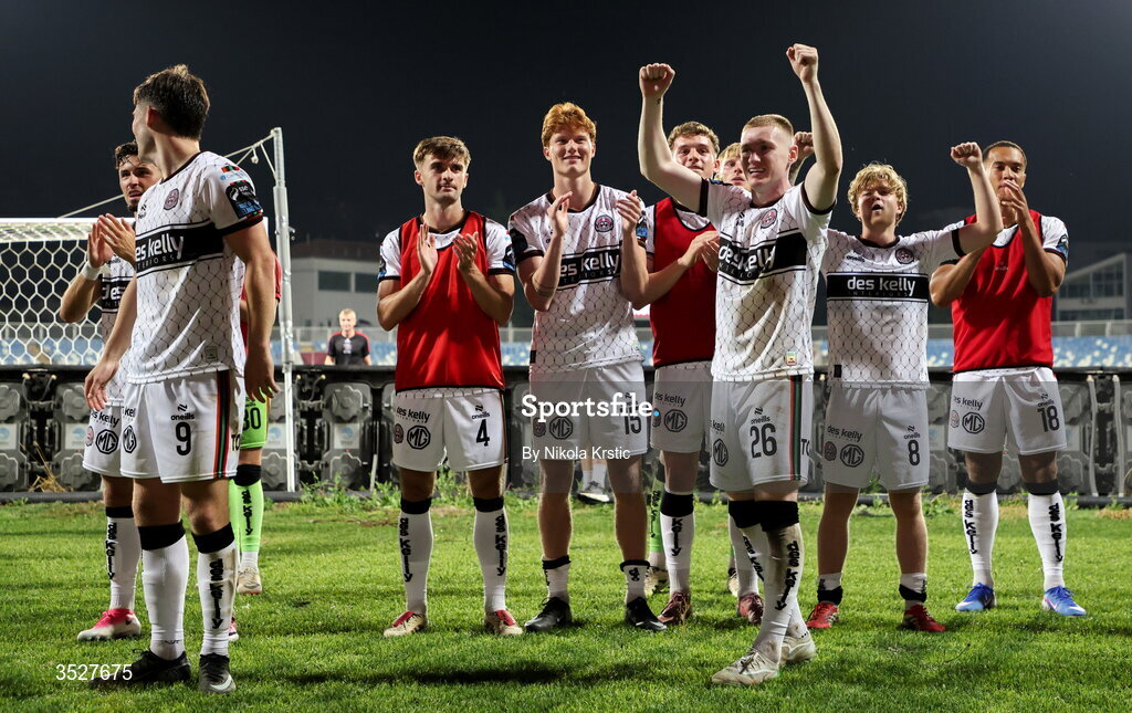 30 July 2026; Bohemians players, including Ross Tierney, 26, celebrate after the UEFA Conference League Second Qualifying Round second leg match between Ballkani and Bohemians at Fadil Vokrri Stadium in Pristina, Kosovo. Photo by Nikola Krstic/Sportsfile