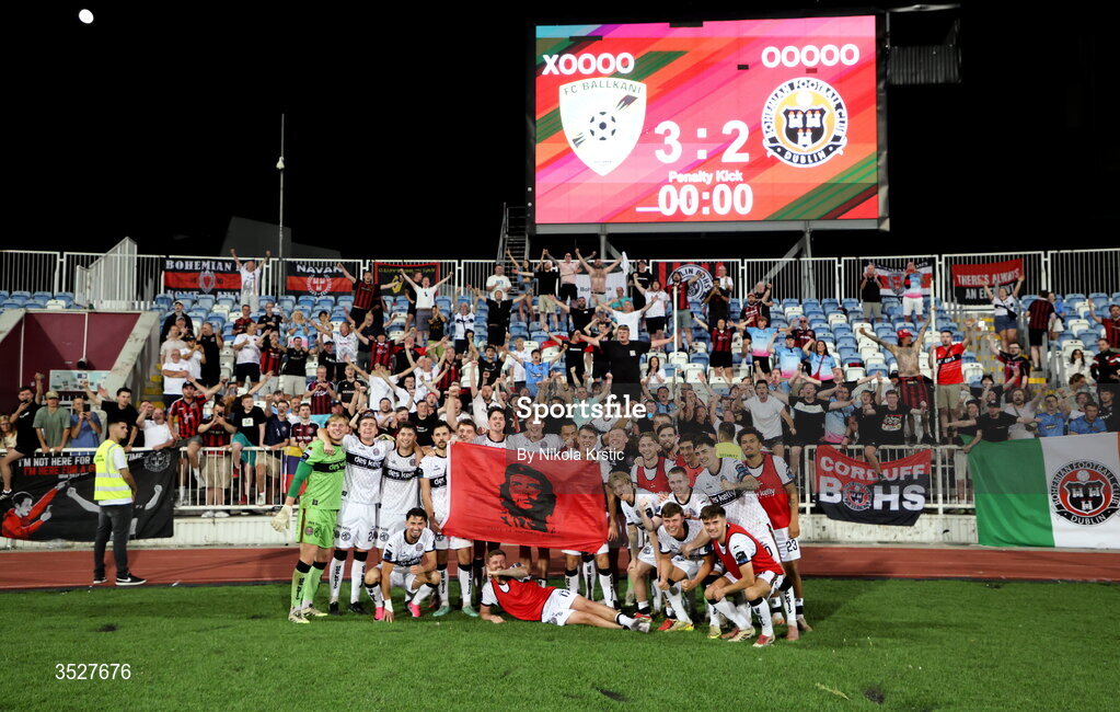 30 July 2026; Bohemians players celebrate with supporters after the UEFA Conference League Second Qualifying Round second leg match between Ballkani and Bohemians at Fadil Vokrri Stadium in Pristina, Kosovo. Photo by Nikola Krstic/Sportsfile