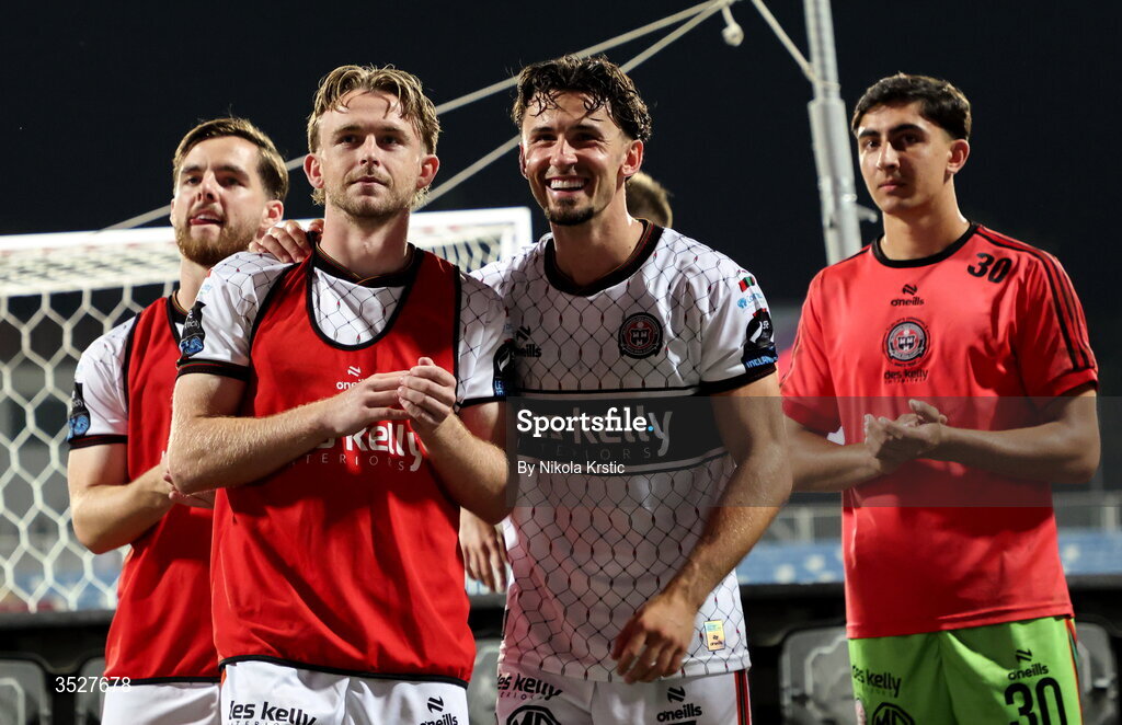 30 July 2026; Darragh Power, left, and Connor Parsons of Bohemians celebrate after the UEFA Conference League Second Qualifying Round second leg match between Ballkani and Bohemians at Fadil Vokrri Stadium in Pristina, Kosovo. Photo by Nikola Krstic/Sportsfile