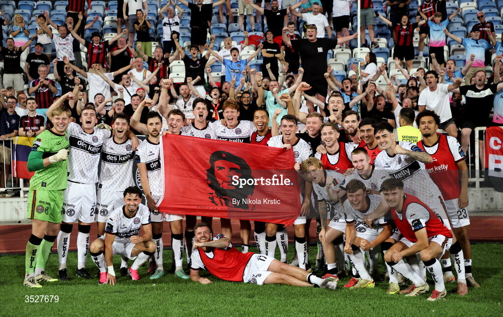 30 July 2026; Bohemians players celebrate with supporters after the UEFA Conference League Second Qualifying Round second leg match between Ballkani and Bohemians at Fadil Vokrri Stadium in Pristina, Kosovo. Photo by Nikola Krstic/Sportsfile