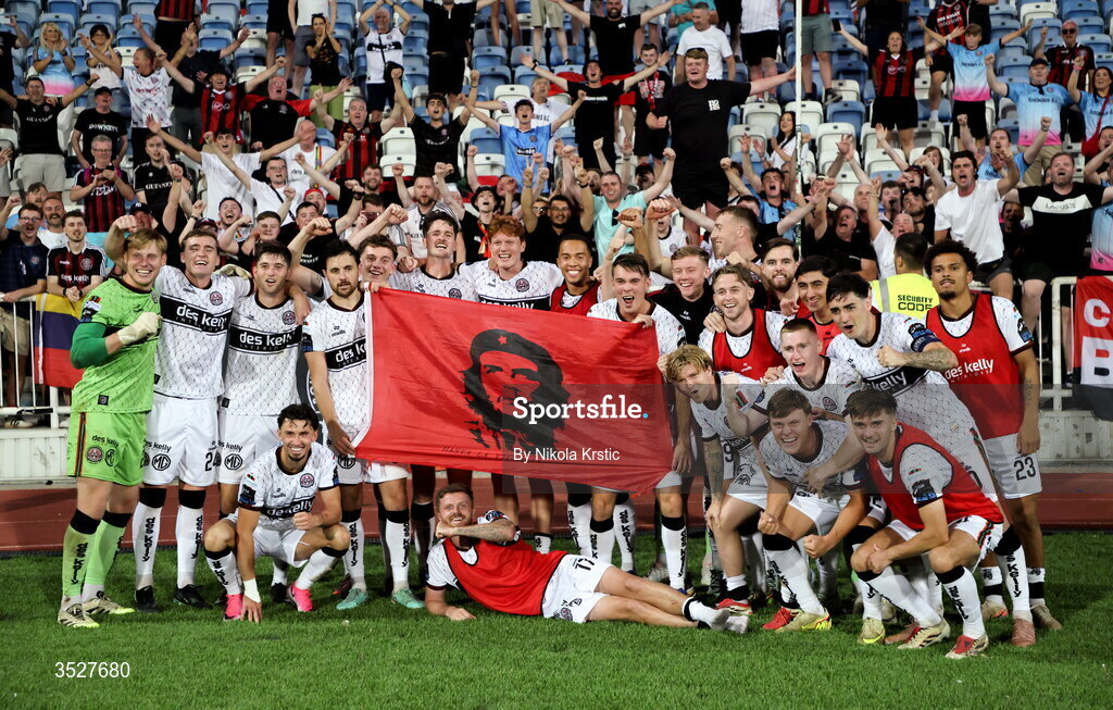 30 July 2026; Bohemians players celebrate with supporters after the UEFA Conference League Second Qualifying Round second leg match between Ballkani and Bohemians at Fadil Vokrri Stadium in Pristina, Kosovo. Photo by Nikola Krstic/Sportsfile
