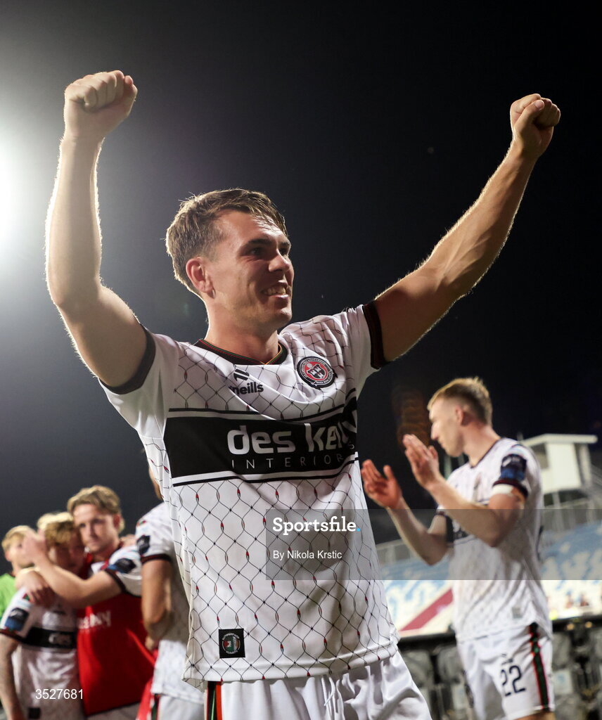 30 July 2026; Dayle Rooney of Bohemians celebrates after the UEFA Conference League Second Qualifying Round second leg match between Ballkani and Bohemians at Fadil Vokrri Stadium in Pristina, Kosovo. Photo by Nikola Krstic/Sportsfile