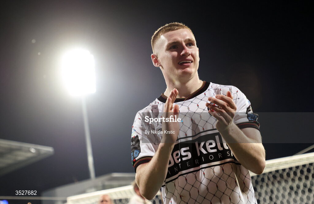 30 July 2026; Ross Tierney of Bohemians celebrates after the UEFA Conference League Second Qualifying Round second leg match between Ballkani and Bohemians at Fadil Vokrri Stadium in Pristina, Kosovo. Photo by Nikola Krstic/Sportsfile
