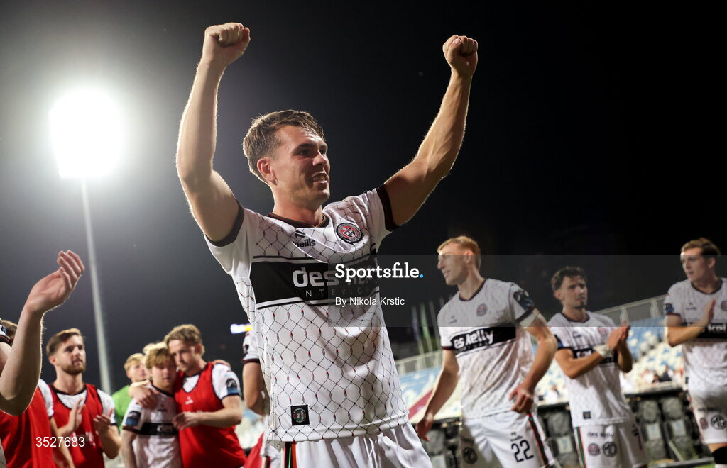 30 July 2026; Dayle Rooney of Bohemians celebrates after the UEFA Conference League Second Qualifying Round second leg match between Ballkani and Bohemians at Fadil Vokrri Stadium in Pristina, Kosovo. Photo by Nikola Krstic/Sportsfile