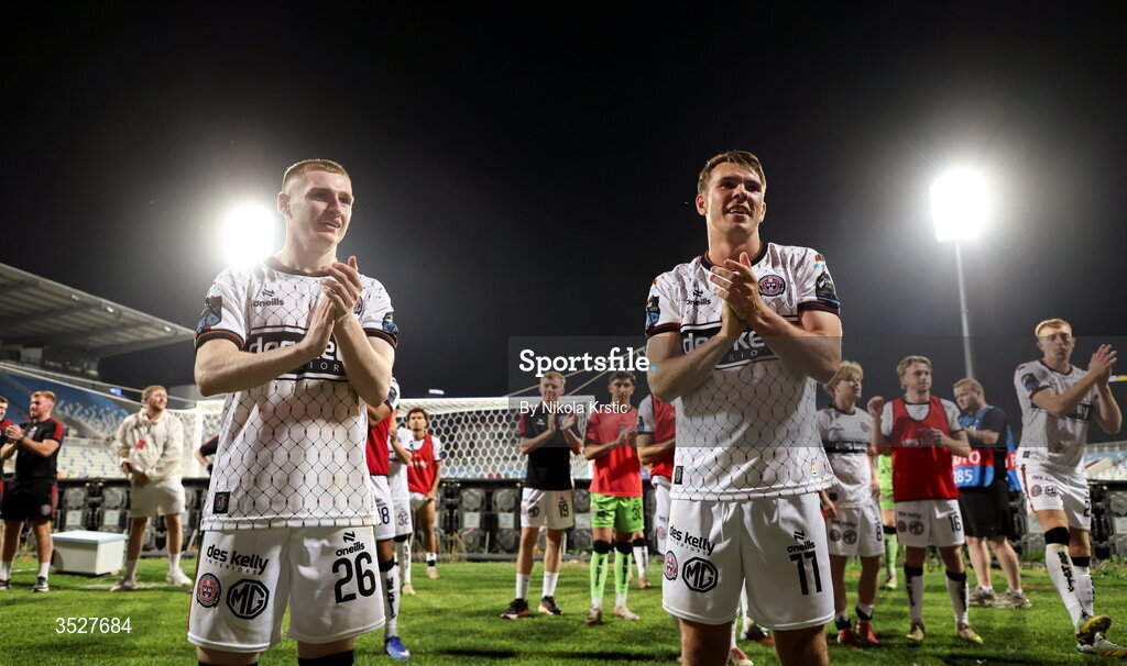 30 July 2026; Ross Tierney, left, and Dayle Rooney of Bohemians celebrate after the UEFA Conference League Second Qualifying Round second leg match between Ballkani and Bohemians at Fadil Vokrri Stadium in Pristina, Kosovo. Photo by Nikola Krstic/Sportsfile