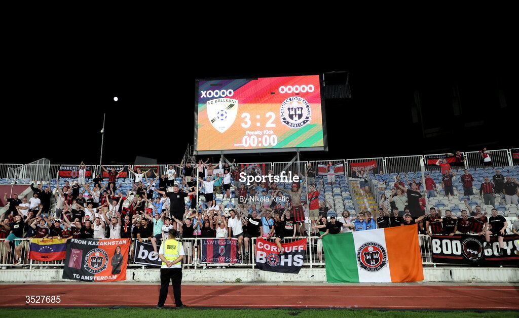 30 July 2026; Bohemians supporters after the UEFA Conference League Second Qualifying Round second leg match between Ballkani and Bohemians at Fadil Vokrri Stadium in Pristina, Kosovo. Photo by Nikola Krstic/Sportsfile