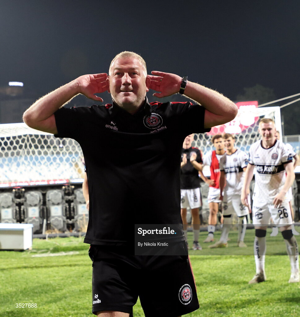 30 July 2026; Bohemians manager Alan Reynolds celebrates after the UEFA Conference League Second Qualifying Round second leg match between Ballkani and Bohemians at Fadil Vokrri Stadium in Pristina, Kosovo. Photo by Nikola Krstic/Sportsfile