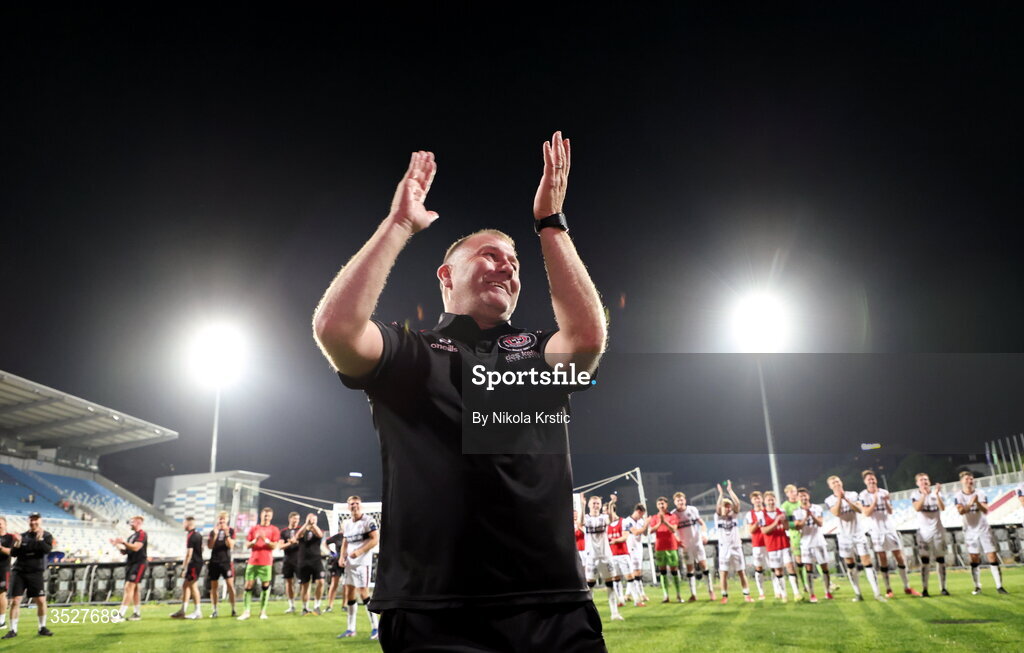 30 July 2026; Bohemians manager Alan Reynolds celebrates after the UEFA Conference League Second Qualifying Round second leg match between Ballkani and Bohemians at Fadil Vokrri Stadium in Pristina, Kosovo. Photo by Nikola Krstic/Sportsfile
