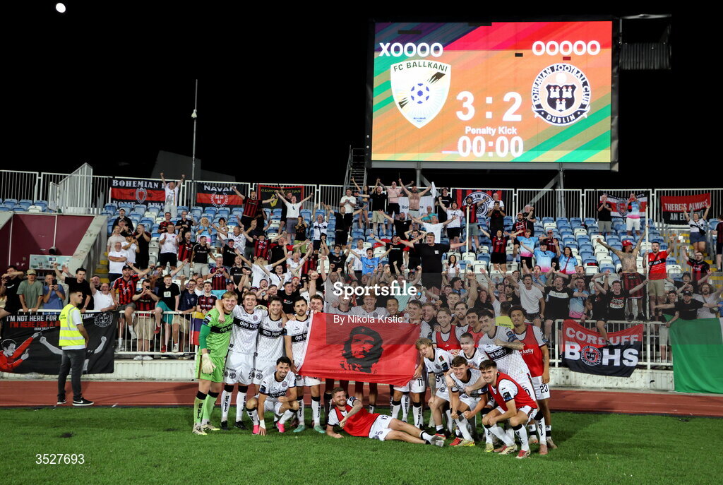 30 July 2026; Bohemians players celebrate with supporters after the UEFA Conference League Second Qualifying Round second leg match between Ballkani and Bohemians at Fadil Vokrri Stadium in Pristina, Kosovo. Photo by Nikola Krstic/Sportsfile