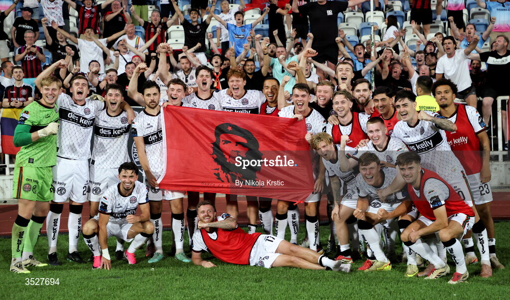 30 July 2026; Bohemians players celebrate with supporters after the UEFA Conference League Second Qualifying Round second leg match between Ballkani and Bohemians at Fadil Vokrri Stadium in Pristina, Kosovo. Photo by Nikola Krstic/Sportsfile