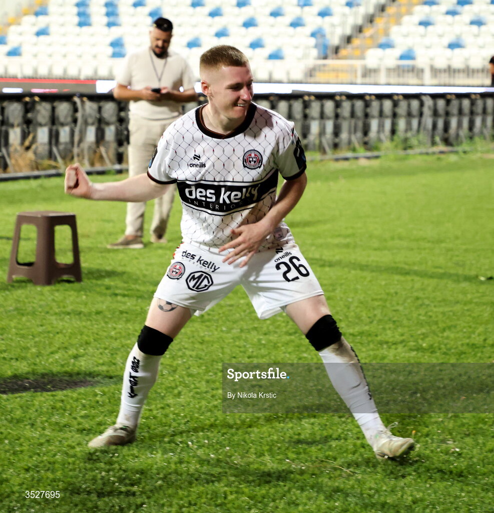 30 July 2026; Ross Tierney of Bohemians celebrates after the UEFA Conference League Second Qualifying Round second leg match between Ballkani and Bohemians at Fadil Vokrri Stadium in Pristina, Kosovo. Photo by Nikola Krstic/Sportsfile