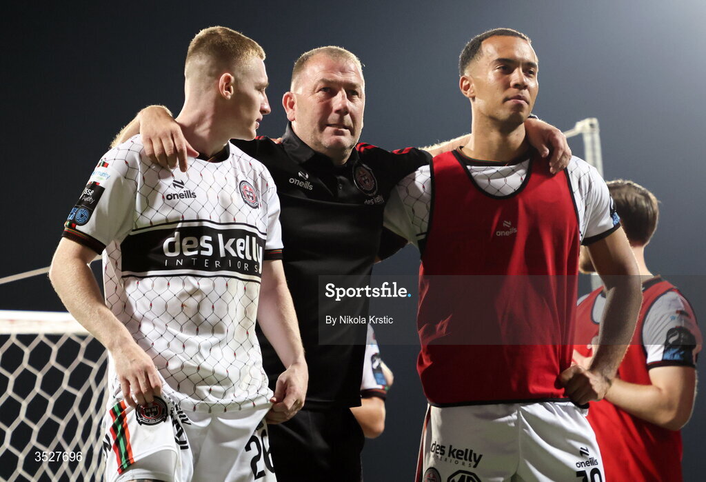 30 July 2026; Bohemians manager Alan Reynolds with players Ross Tierney, left, and Douglas James-Taylor after the UEFA Conference League Second Qualifying Round second leg match between Ballkani and Bohemians at Fadil Vokrri Stadium in Pristina, Kosovo. Photo by Nikola Krstic/Sportsfile