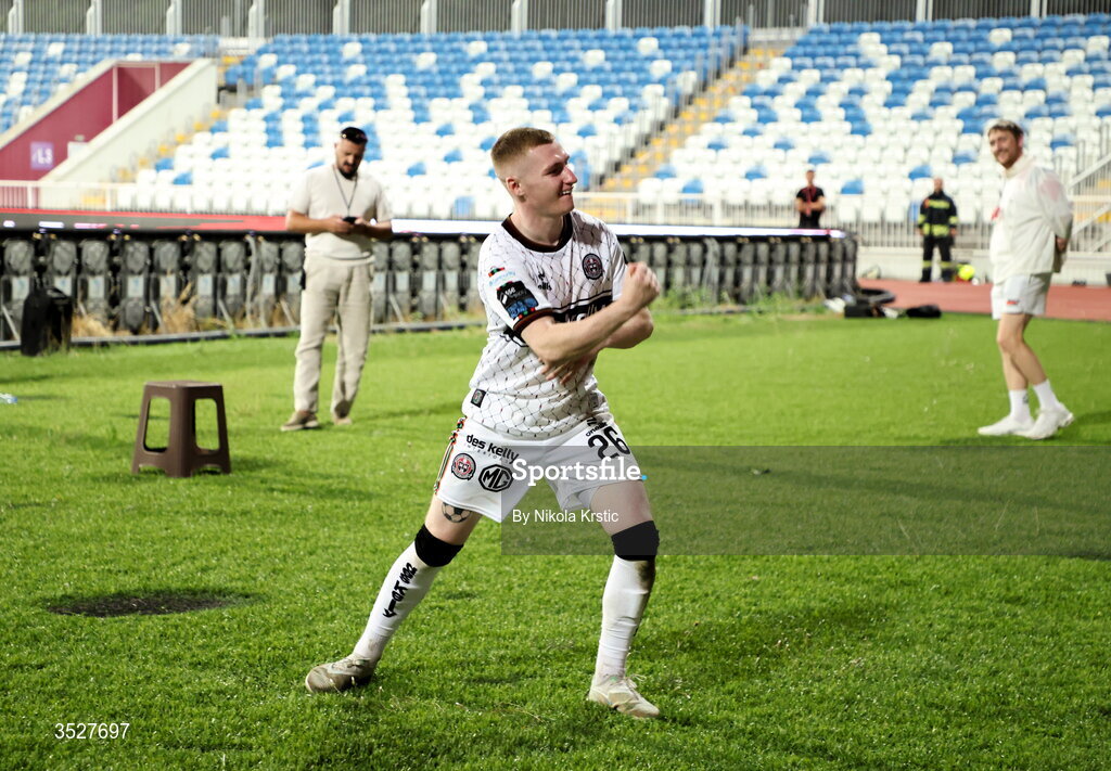 30 July 2026; Ross Tierney of Bohemians celebrates after the UEFA Conference League Second Qualifying Round second leg match between Ballkani and Bohemians at Fadil Vokrri Stadium in Pristina, Kosovo. Photo by Nikola Krstic/Sportsfile