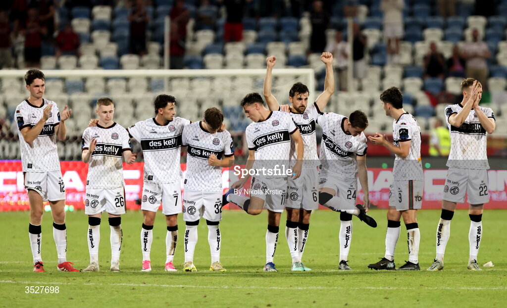 30 July 2026; Bohemians players during the shoot-out during the UEFA Conference League Second Qualifying Round second leg match between Ballkani and Bohemians at Fadil Vokrri Stadium in Pristina, Kosovo. Photo by Nikola Krstic/Sportsfile