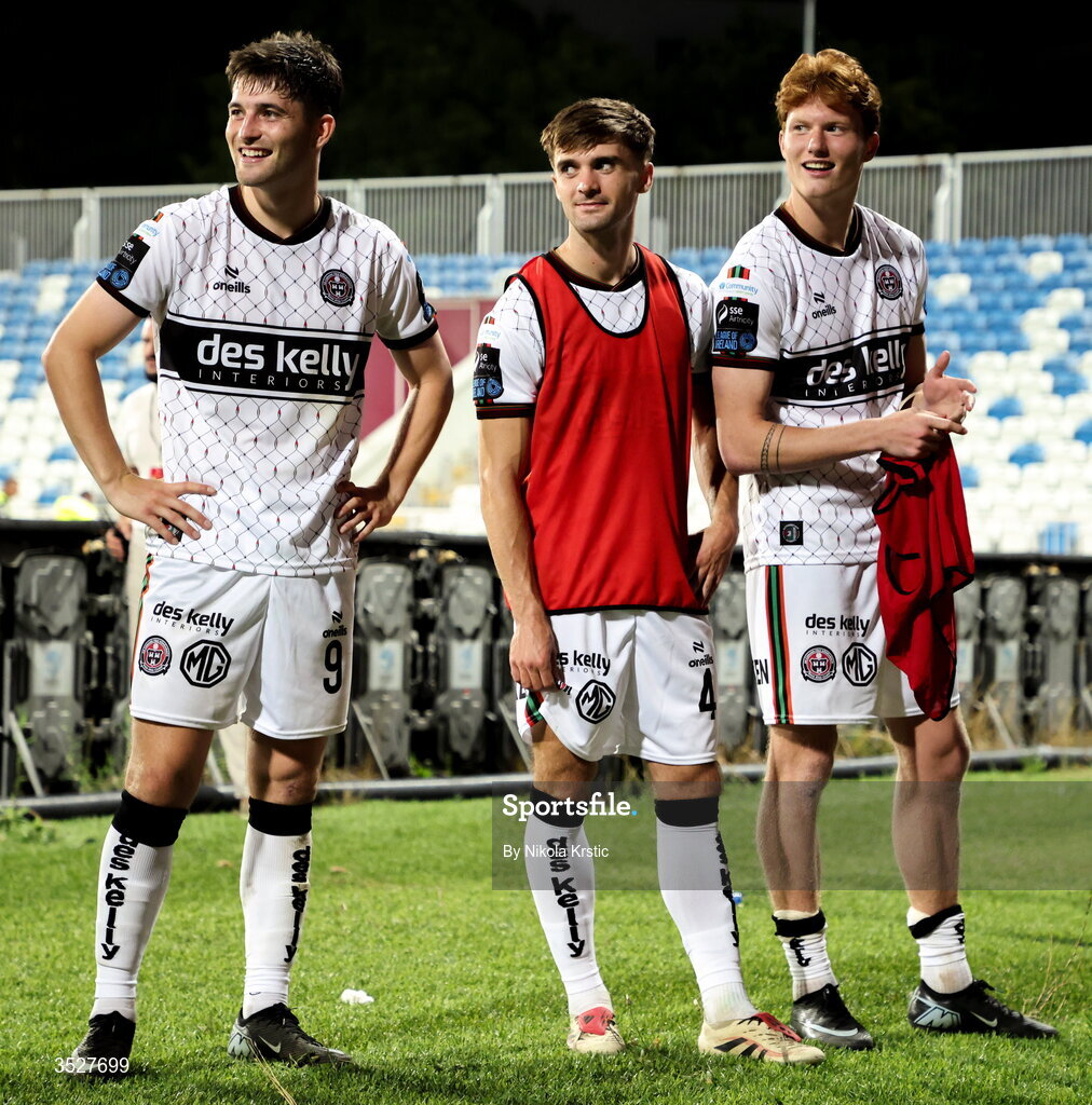 30 July 2026; Bohemians players, from left, Colm Whelan, Niall Morahan and Senan Mullen during the UEFA Conference League Second Qualifying Round second leg match between Ballkani and Bohemians at Fadil Vokrri Stadium in Pristina, Kosovo. Photo by Nikola Krstic/Sportsfile