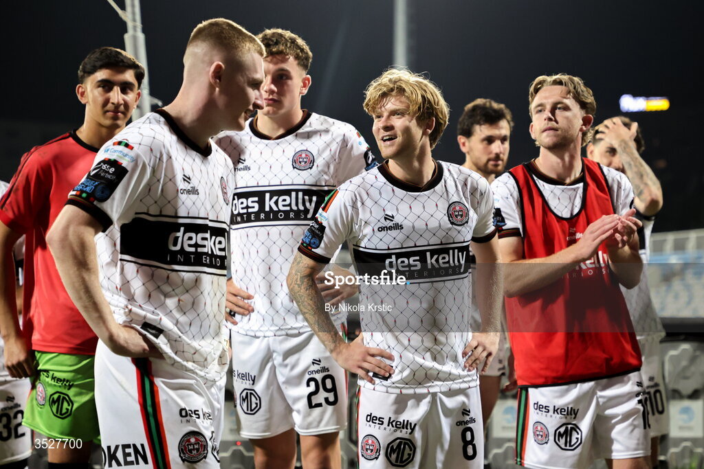30 July 2026; Harry Vaughan of Bohemians, centre, celebrates with teammates including Ross Tierney, left, after the UEFA Conference League Second Qualifying Round second leg match between Ballkani and Bohemians at Fadil Vokrri Stadium in Pristina, Kosovo. Photo by Nikola Krstic/Sportsfile