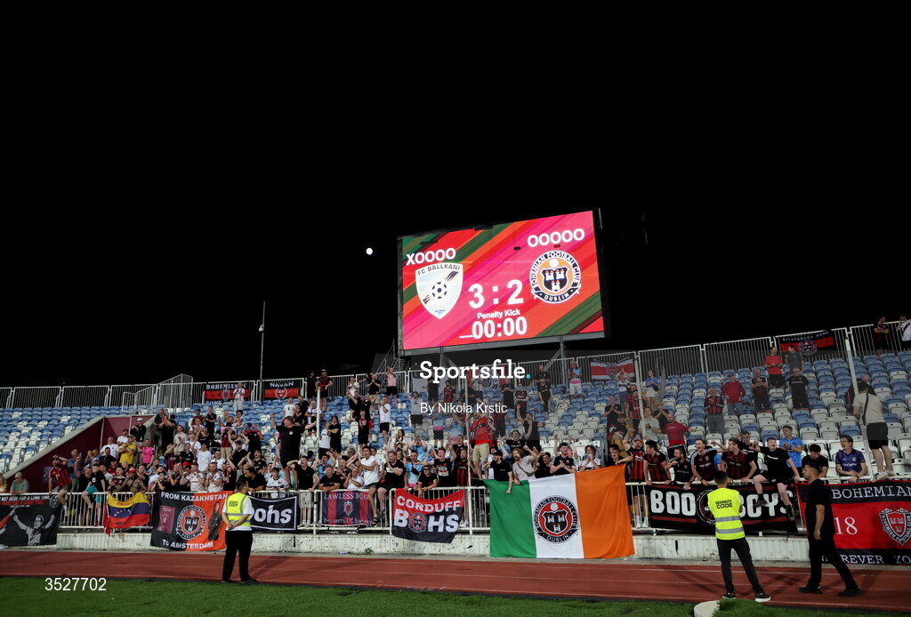 30 July 2026; Bohemians supporters after the UEFA Conference League Second Qualifying Round second leg match between Ballkani and Bohemians at Fadil Vokrri Stadium in Pristina, Kosovo. Photo by Nikola Krstic/Sportsfile