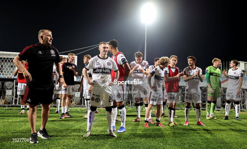 30 July 2026; Bohemians manager Alan Reynolds and Ross Tierney, 26, after the UEFA Conference League Second Qualifying Round second leg match between Ballkani and Bohemians at Fadil Vokrri Stadium in Pristina, Kosovo. Photo by Nikola Krstic/Sportsfile