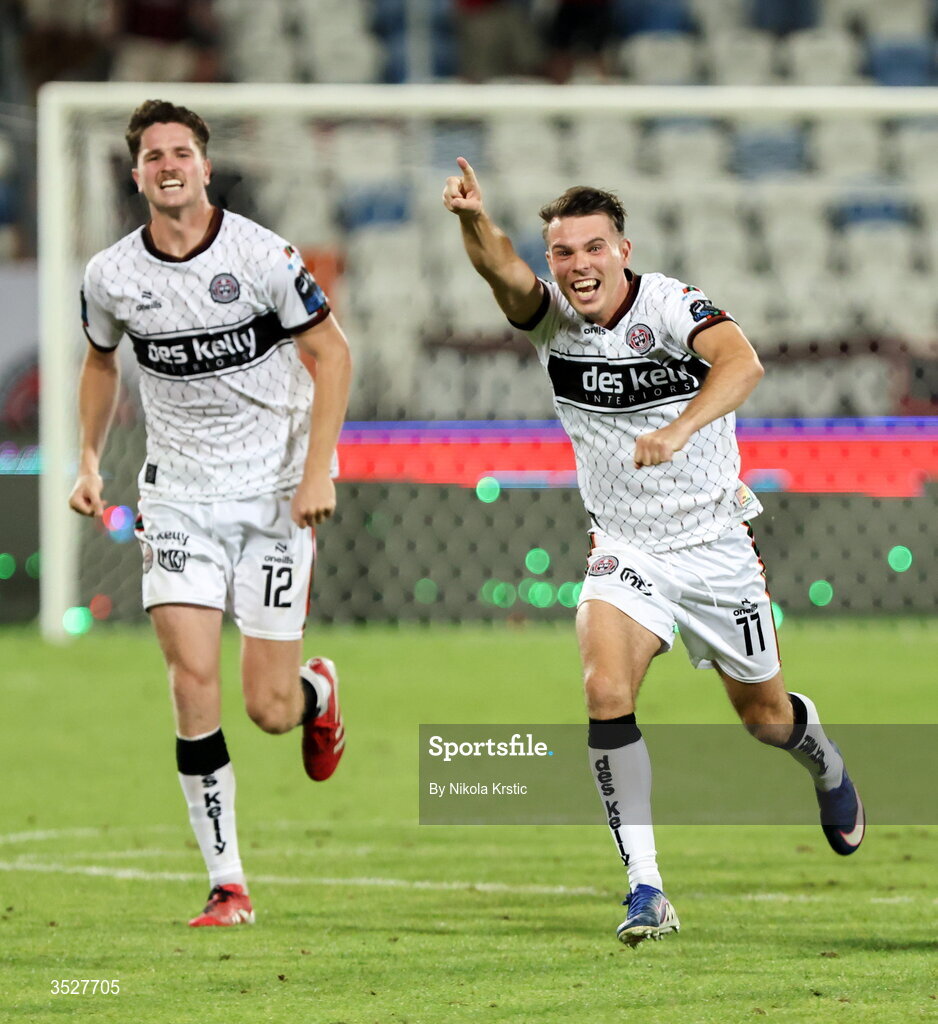 30 July 2026; Dayle Rooney, right, and Patrick Hickey of Bohemians celebrate after the shoot-out after the UEFA Conference League Second Qualifying Round second leg match between Ballkani and Bohemians at Fadil Vokrri Stadium in Pristina, Kosovo. Photo by Nikola Krstic/Sportsfile