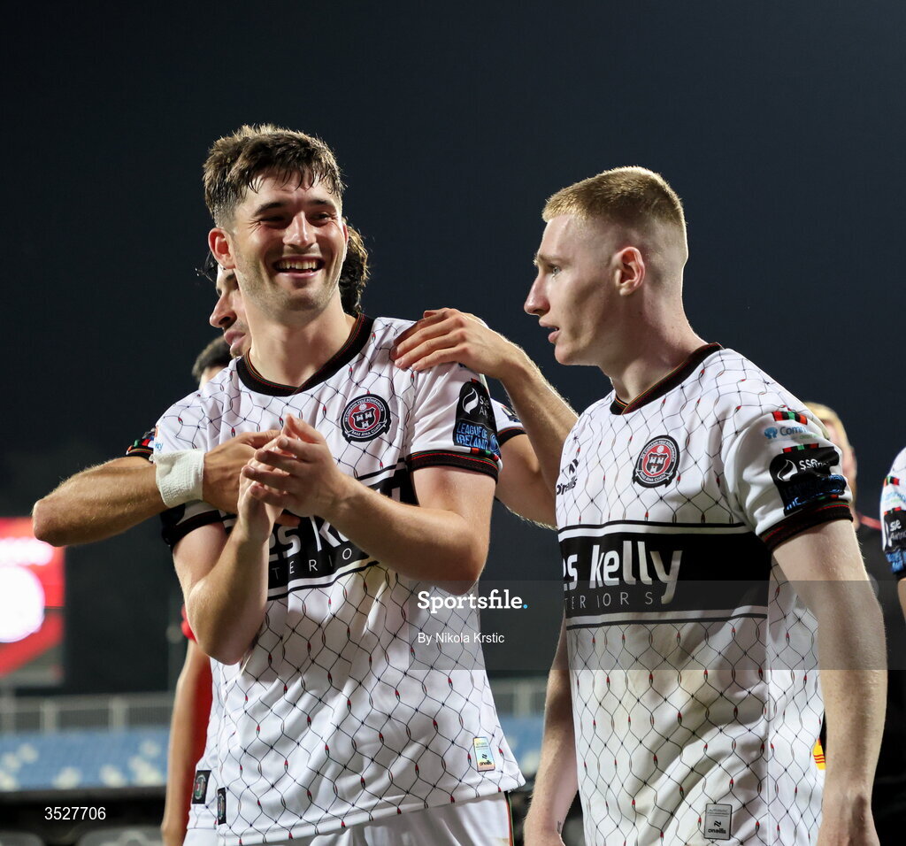 30 July 2026; Colm Whelan, left, and Ross Tierney of Bohemians after the UEFA Conference League Second Qualifying Round second leg match between Ballkani and Bohemians at Fadil Vokrri Stadium in Pristina, Kosovo. Photo by Nikola Krstic/Sportsfile