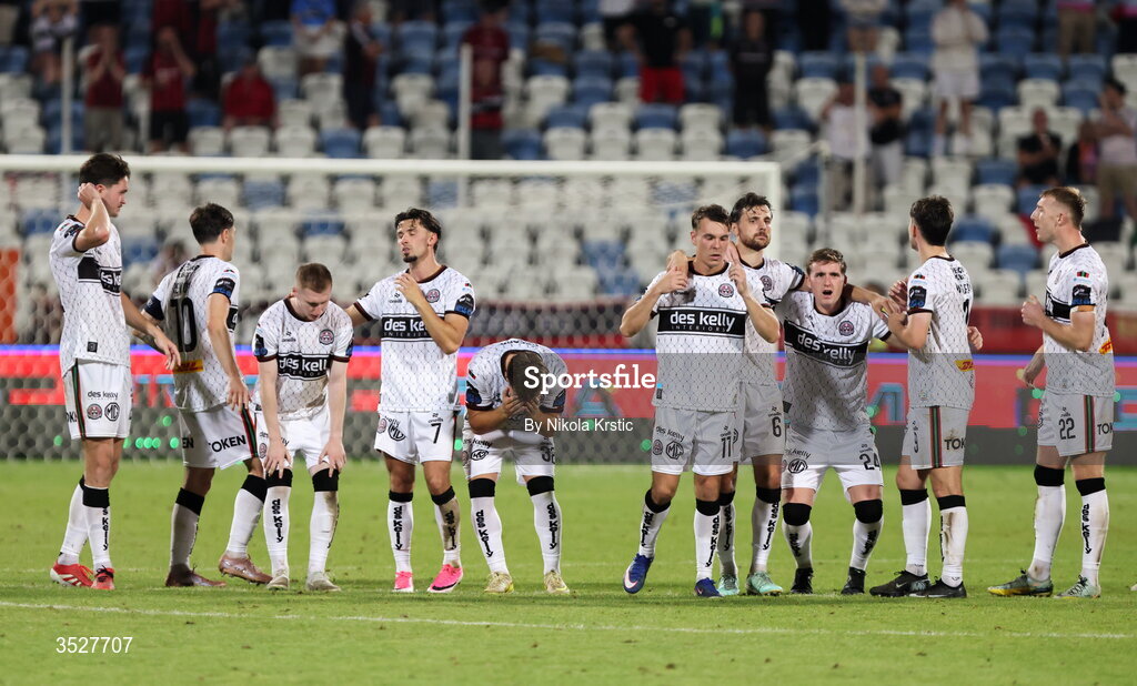 30 July 2026; Bohemians players react during the shoot-out during the UEFA Conference League Second Qualifying Round second leg match between Ballkani and Bohemians at Fadil Vokrri Stadium in Pristina, Kosovo. Photo by Nikola Krstic/Sportsfile
