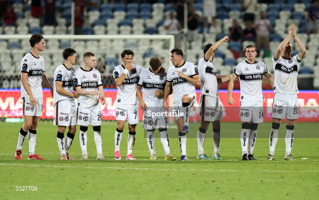 30 July 2026; Bohemians players react during the shoot-out during the UEFA Conference League Second Qualifying Round second leg match between Ballkani and Bohemians at Fadil Vokrri Stadium in Pristina, Kosovo. Photo by Nikola Krstic/Sportsfile