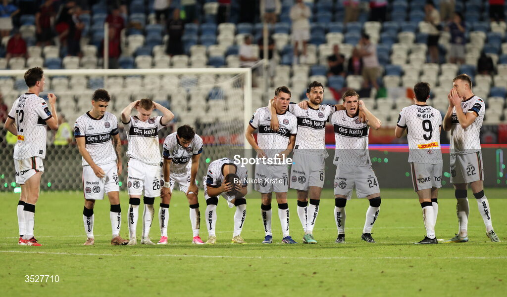 30 July 2026; Bohemians players react during the shoot-out during the UEFA Conference League Second Qualifying Round second leg match between Ballkani and Bohemians at Fadil Vokrri Stadium in Pristina, Kosovo. Photo by Nikola Krstic/Sportsfile