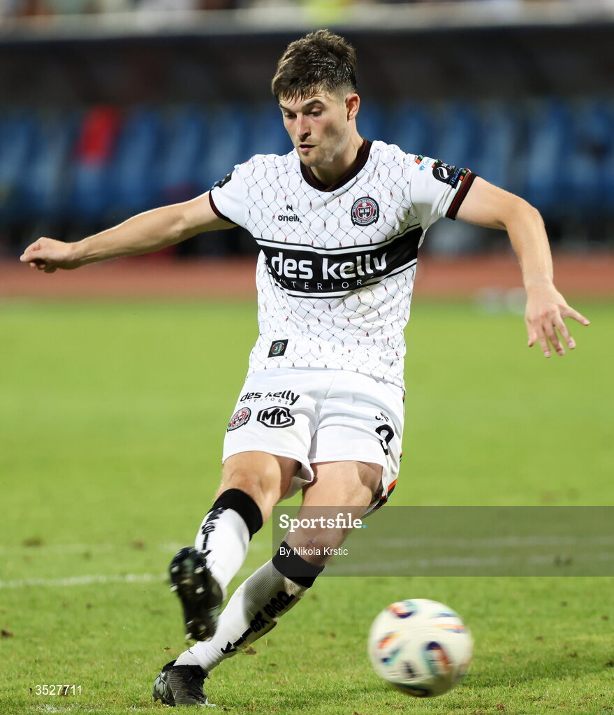 30 July 2026; Colm Whelan of Bohemians during the shoot-out during the UEFA Conference League Second Qualifying Round second leg match between Ballkani and Bohemians at Fadil Vokrri Stadium in Pristina, Kosovo. Photo by Nikola Krstic/Sportsfile