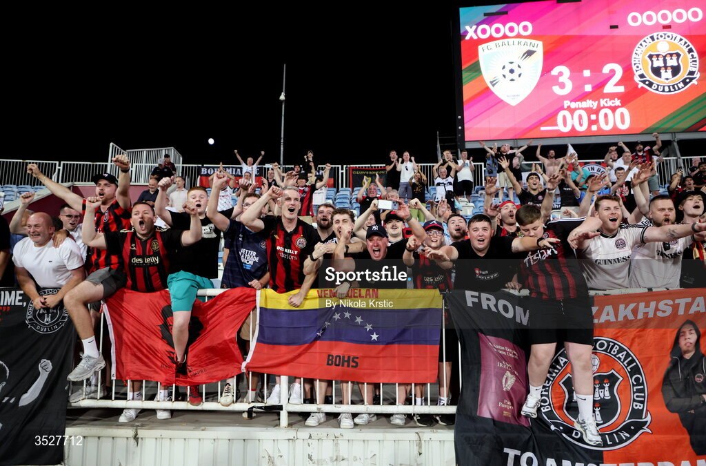 30 July 2026; Bohemians supporters after the UEFA Conference League Second Qualifying Round second leg match between Ballkani and Bohemians at Fadil Vokrri Stadium in Pristina, Kosovo. Photo by Nikola Krstic/Sportsfile
