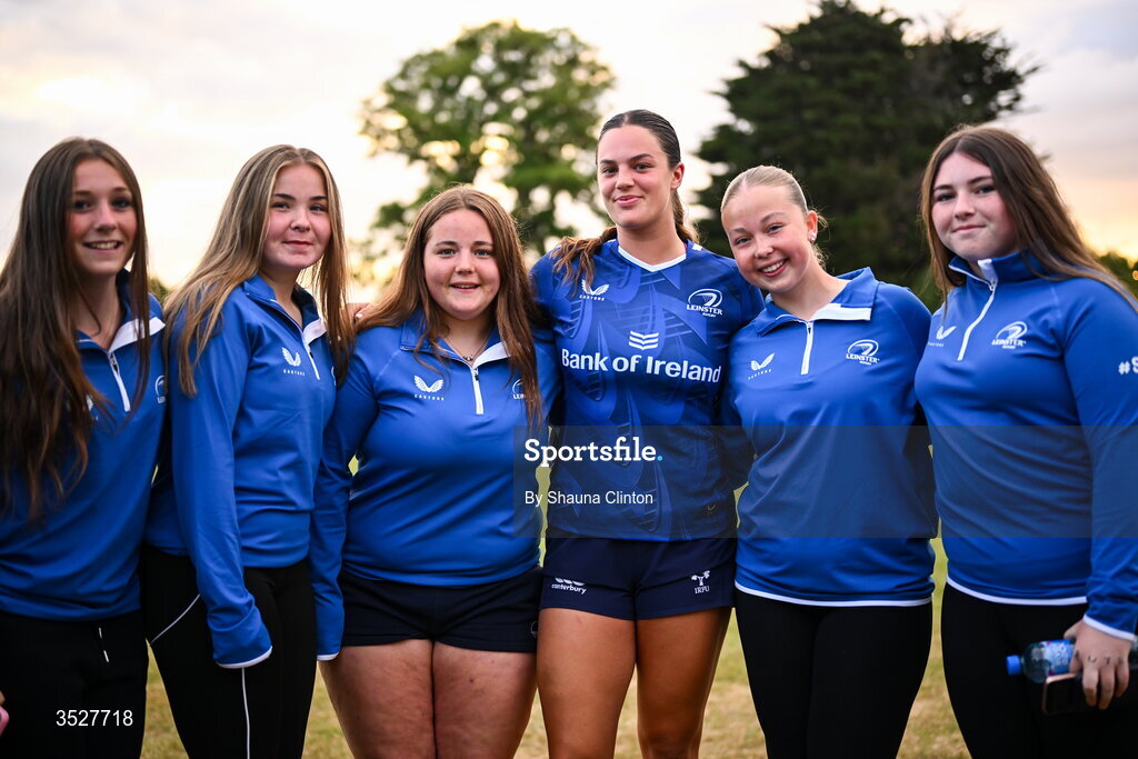 30 July 2026; Leah Tarpey with supporters after an Leinster rugby women open training session at Kings Hospital School in Dublin. Photo by Shauna Clinton/Sportsfile