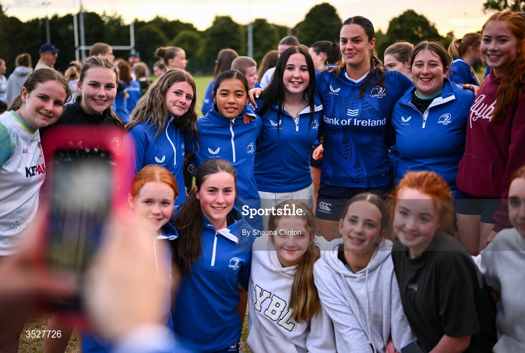 30 July 2026; Leah Tarpey with supporters after an Leinster rugby women open training session at Kings Hospital School in Dublin. Photo by Shauna Clinton/Sportsfile