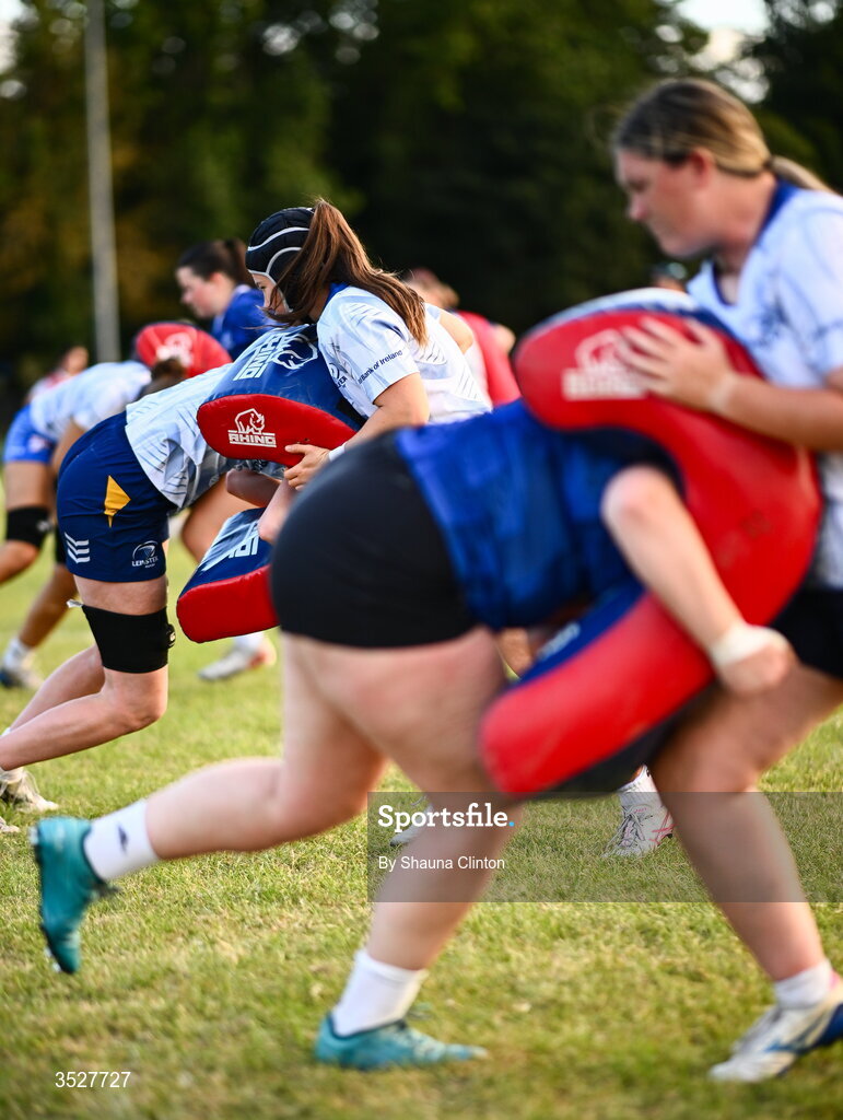 30 July 2026; Sarah Delaney, centre, and team-mates during an Leinster rugby women open training session at Kings Hospital School in Dublin. Photo by Shauna Clinton/Sportsfile