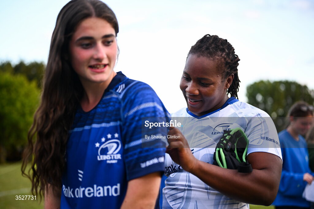 30 July 2026; Linda Djougang with supporters after an Leinster rugby women open training session at Kings Hospital School in Dublin. Photo by Shauna Clinton/Sportsfile