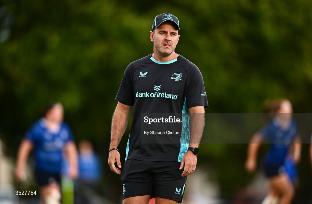 30 July 2026; Transition coach Adam Philphot during an Leinster rugby women open training session at Kings Hospital School in Dublin. Photo by Shauna Clinton/Sportsfile