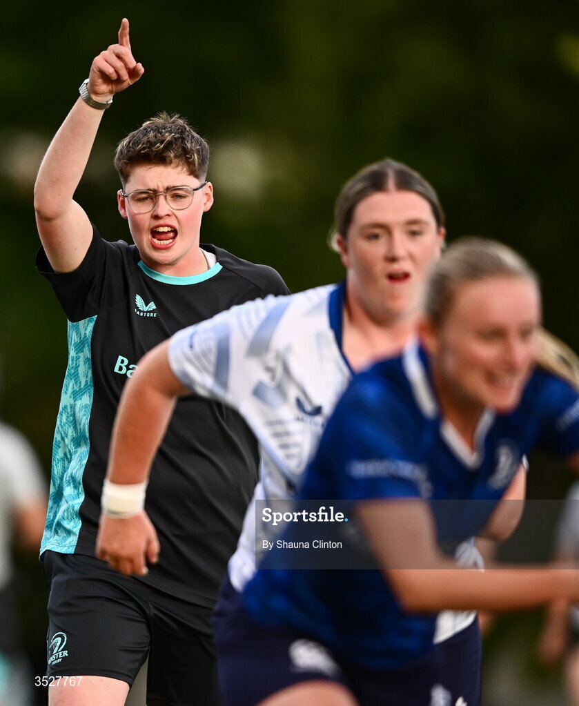 30 July 2026; Development coach Eimear Furlong during an Leinster rugby women open training session at Kings Hospital School in Dublin. Photo by Shauna Clinton/Sportsfile