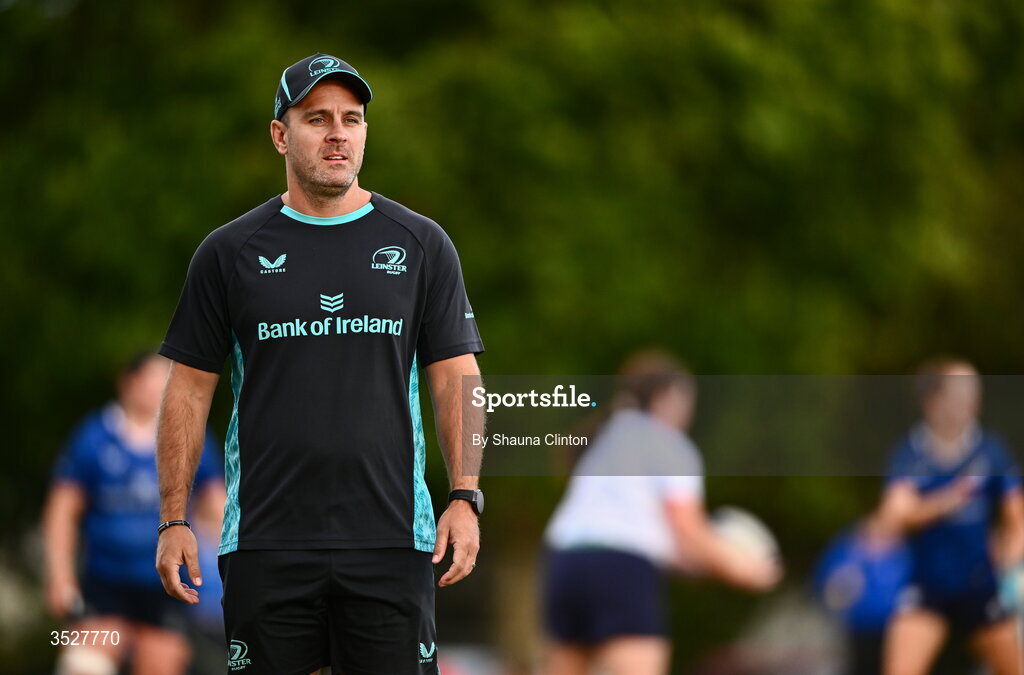 30 July 2026; Transition coach Adam Philphot during an Leinster rugby women open training session at Kings Hospital School in Dublin. Photo by Shauna Clinton/Sportsfile